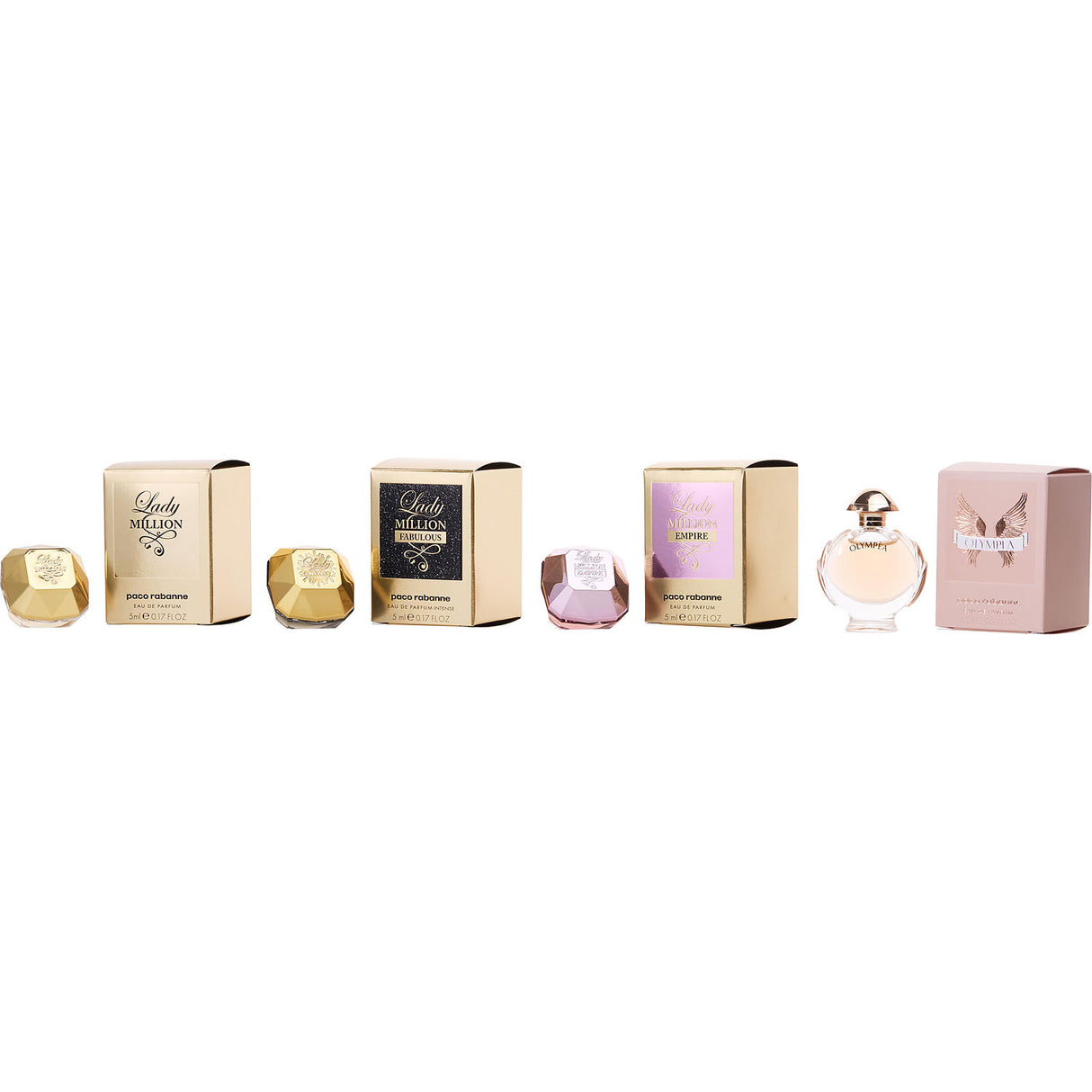 PACO RABANNE VARIETY by Paco Rabanne - 4 PIECE WOMENS MINI VARIETY WITH LADY MILLION & LADY MILLION EMPIRE & LADY MILLION FABULOUS & OLYMPEA AND ALL ARE EAU DE PARFUM MINI - Women