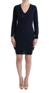 Blue Wool Long Sleeve Shift Dress by Faz