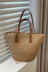 Leather Handle Straw Tote Bag by Coco Charli