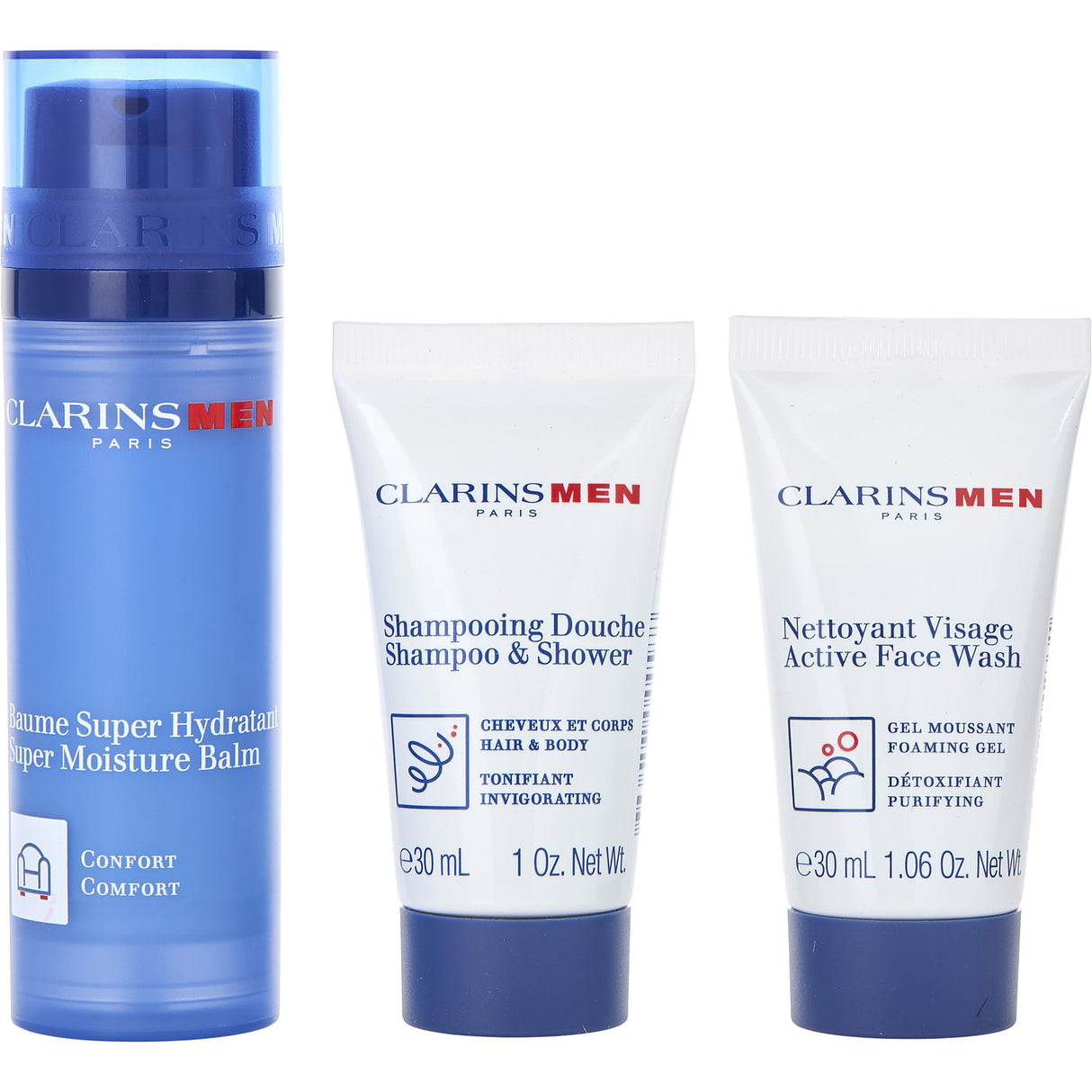 Clarins by Clarins - men Super Moisture Balm 50ml + Active Fash Wash 30ml + Shampoo 30ml --3pcs - Men