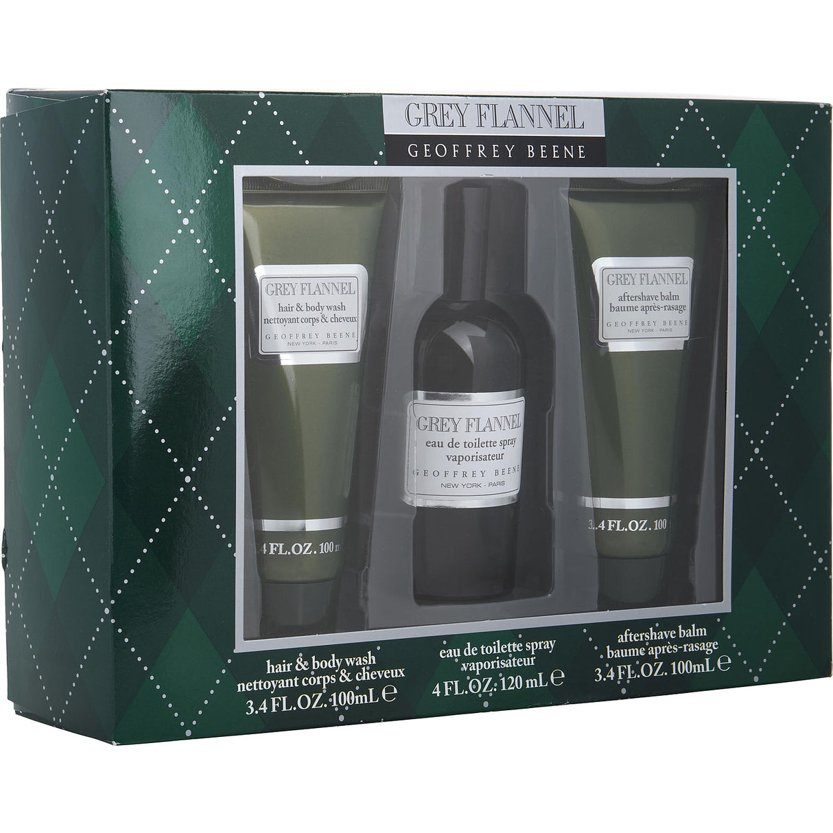 GREY FLANNEL by Geoffrey Beene - EDT SPRAY 4 OZ & AFTERSHAVE BALM 3.4 OZ & HAIR & BODY WASH 3.4 OZ - Men