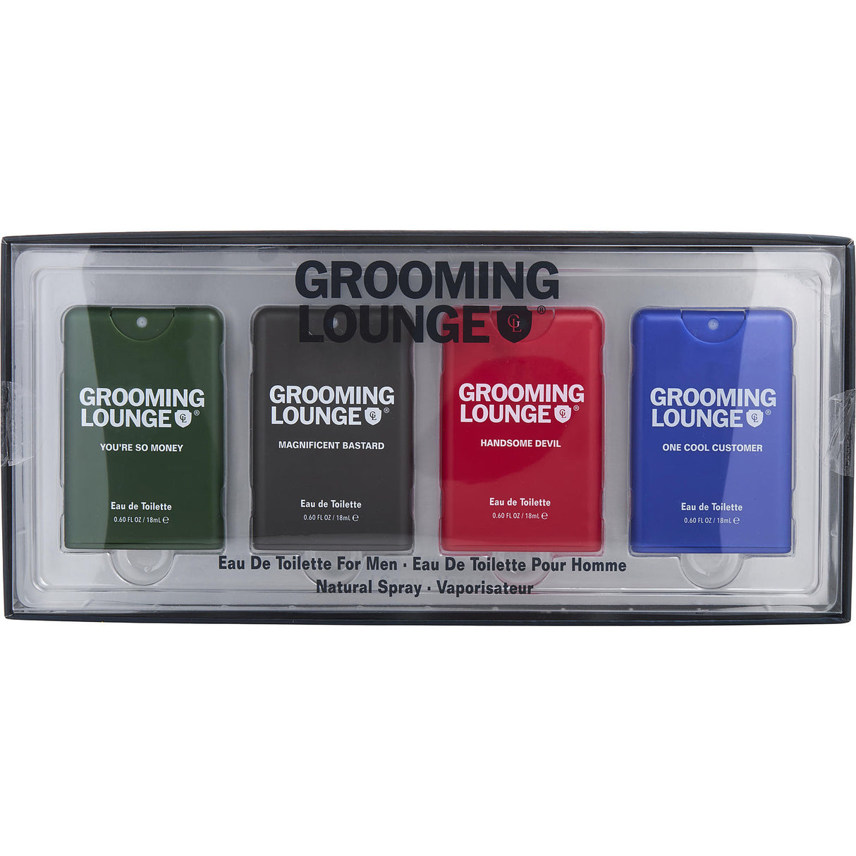 GROOMING LOUNGE VARIETY by Grooming Lounge - 4 PIECE POCKET SPRAY SET WITH YOU'RE SO MONEY & MAGNIFICENT BASTARD & HANDSOME DEVIL & ONE COOL CUSTOMER AND ALL ARE EDT SPRAY 0.6 OZ - Men