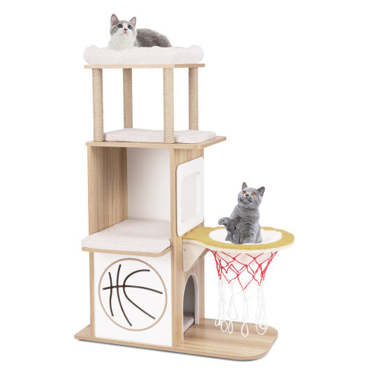 47 Inches Wooden Cat Tree with 2-Story Cat Condo and Basketball Hoop Hammock-Natural