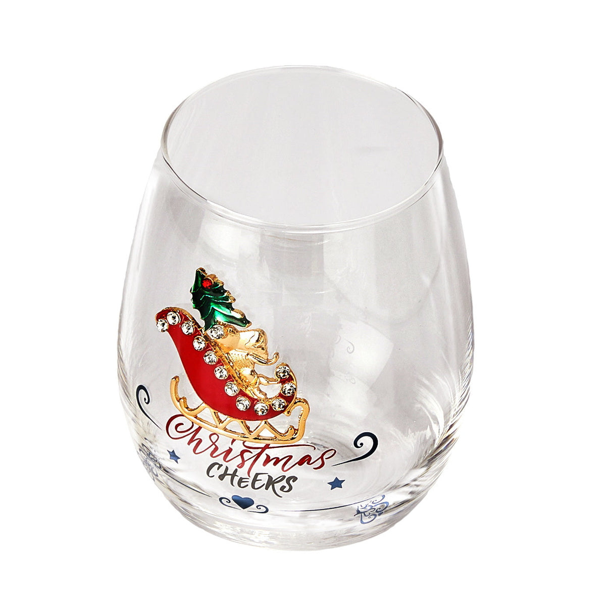 Crystal Christmas Santa's Sleigh Wine & Water Glasses - Set of 2, 17.5oz - Xmas Diamond Merry Christmas Santa Holiday Festive Theme Stemless Glass - New Year Holiday Gifts for Men Women Friend Family by The Wine Savant