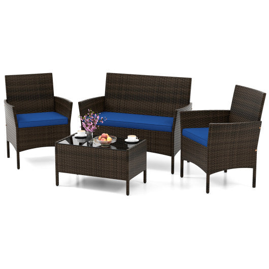 4 Piece Patio Rattan Conversation Set with Cozy Seat Cushions-Navy