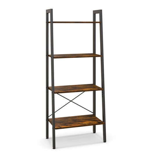 4-Tier Bookshelf with Metal Frame and Adjustable Foot Pads-Rustic Brown