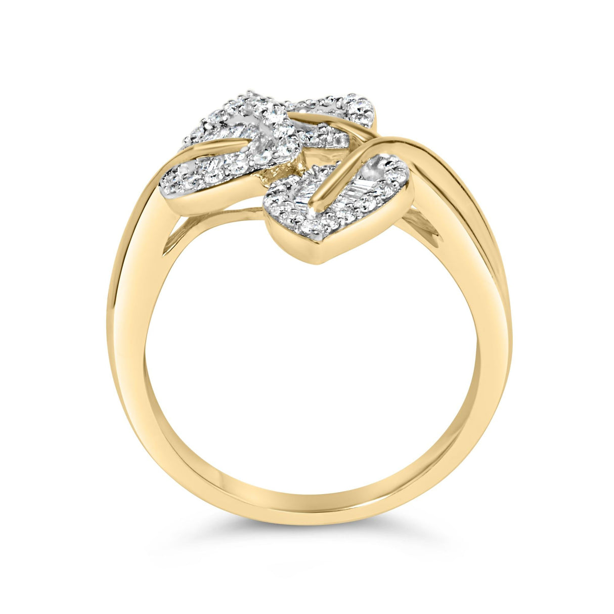 18K Yellow Gold Plated .925 Sterling Silver 1/2 Cttw Baguette and Round Diamond Bypass Triple Leaf Ring (I-J Color, I1-I2 Clarity) by Haus of Brilliance