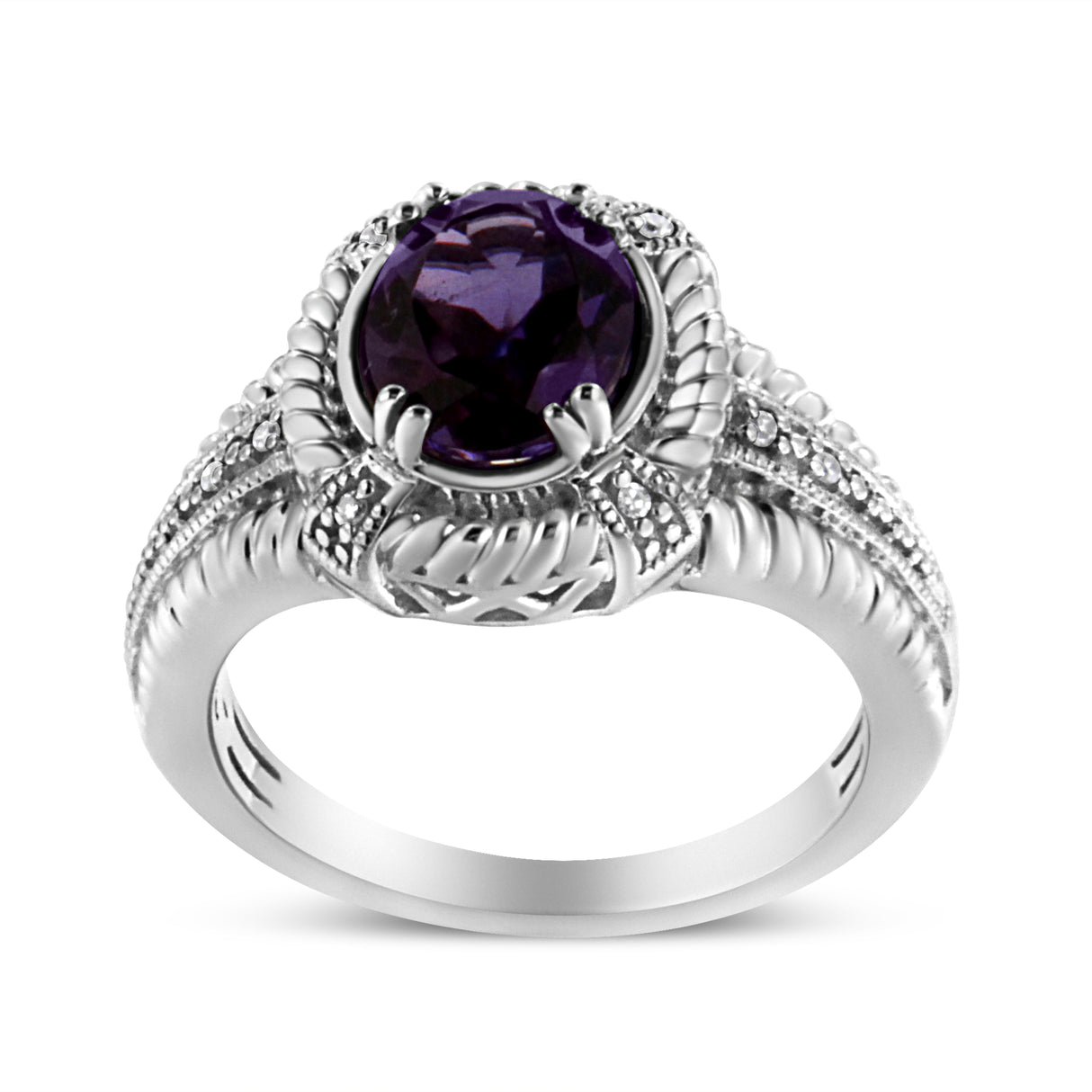 .925 Sterling Silver Prong Set Natural Oval Shape 9X7 MM Purple Amethyst Solitaire and Diamond Accent Ring (I-J Color, I1-I2 Clarity) by Haus of Brilliance