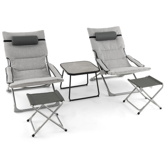 5-Piece Patio Sling Chair Set Folding Lounge Chairs with Footrests and Coffee Table-Gray