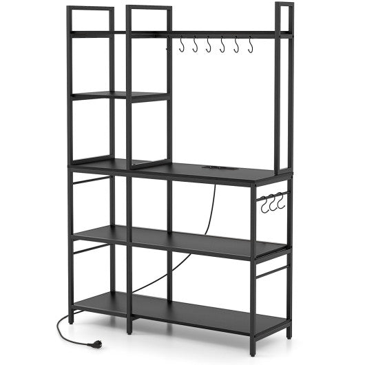 5-Tier Bakers Rack with Power Outlets and 10 S-Shaped Hooks-Black