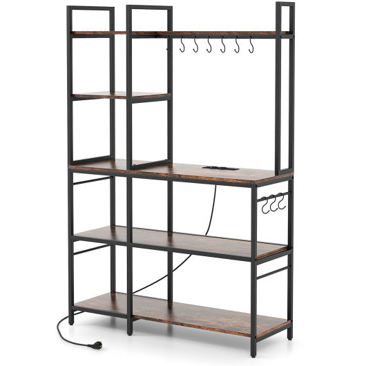 5-Tier Bakers Rack with Power Outlets and 10 S-Shaped Hooks-Rustic Brown