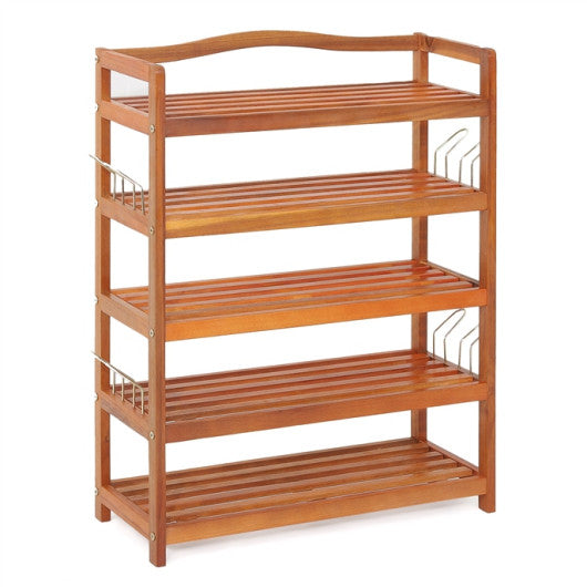 5-Tier Acacia Wood Shoe Rack with Side Metal Hooks