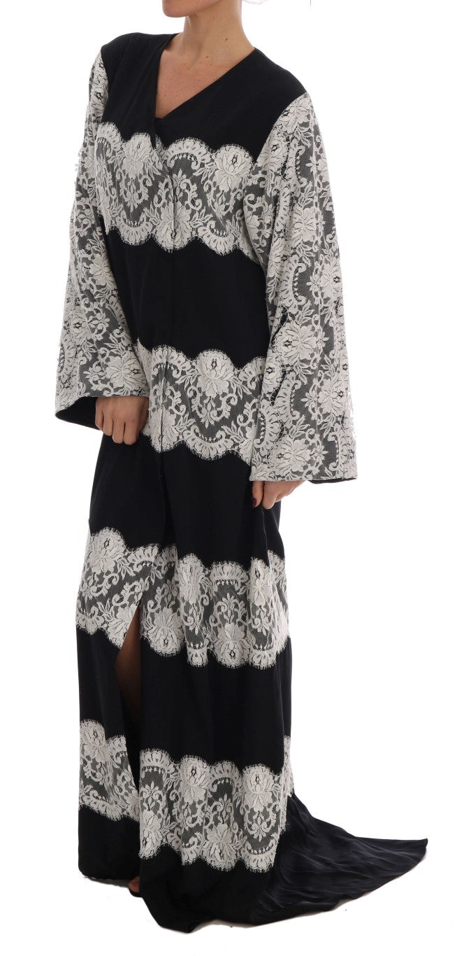 Black Silk Floral Lace Kaftan Dress by Faz