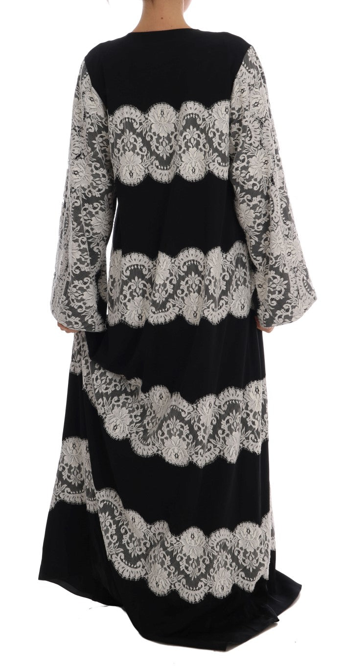 Black Silk Floral Lace Kaftan Dress by Faz