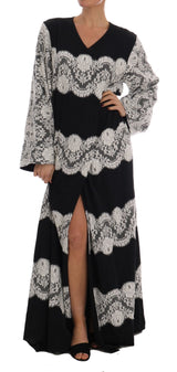 Black Silk Floral Lace Kaftan Dress by Faz