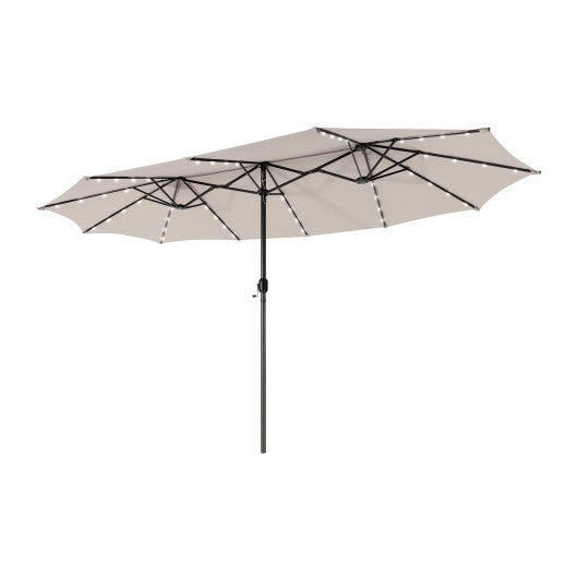 15 Feet Twin Patio Umbrella with 48 Solar LED Lights-Beige