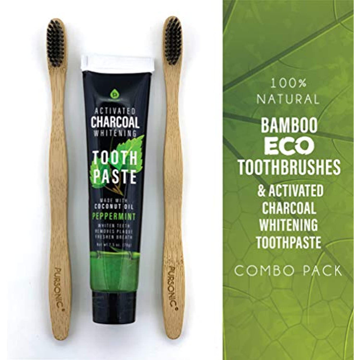 Natural Bamboo Toothbrushes & Charcoal Whitening Toothpaste Set by Pursonic