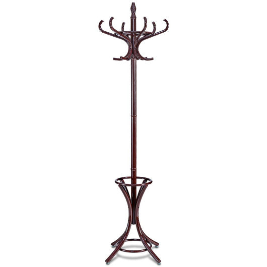 Wood Standing Hat Coat Rack with Umbrella Stand-Brown