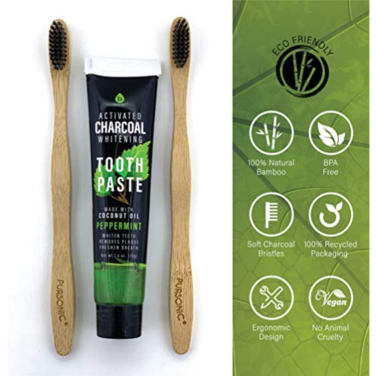 Natural Bamboo Toothbrushes & Charcoal Whitening Toothpaste Set by Pursonic