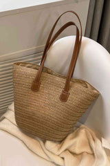 Leather Handle Straw Tote Bag by Coco Charli