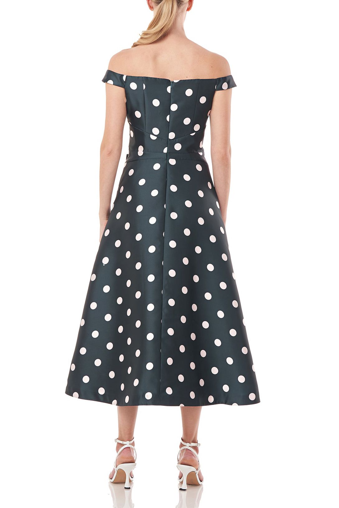 Kay Unger Off-Shoulder Zipper Back Ruffle Flared Tea Length Skirt Polka Dot Print Jacquard Dress with Pockets by Curated Brands