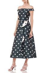 Kay Unger Off-Shoulder Zipper Back Ruffle Flared Tea Length Skirt Polka Dot Print Jacquard Dress with Pockets by Curated Brands