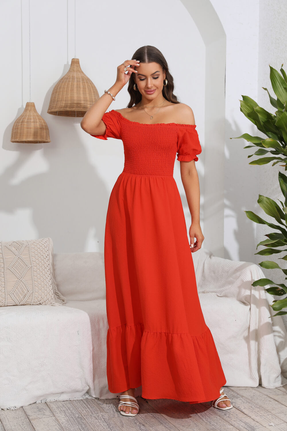 Smocked Off-Shoulder Maxi Dress by Faz