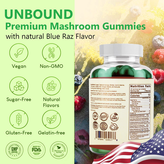 Premium Organic Mushroom Multi-Complex Gummies 5 in 1, Chaga, Lion's Mane, Reishi, Turkey Tail, Maitake by Live Unbound