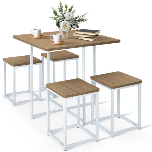 5 Pieces Metal Frame Dining Set with Compact Dining Table and 4 Stools-Natural