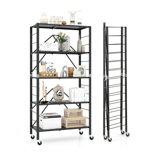 5-Tier Foldable Storage Shelf with Wheels-Black