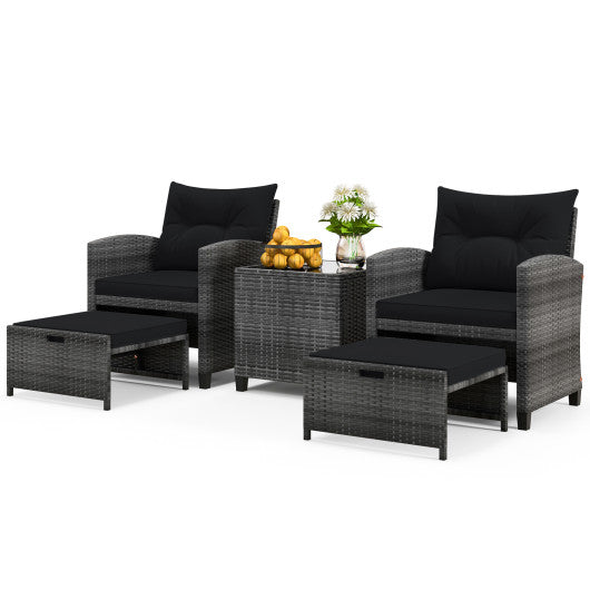 5 Piece Patio Rattan Furniture with 2 Ottomans and Tempered Glass Coffee Table-Black