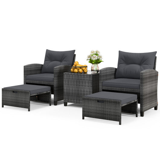 5 Piece Patio Rattan Furniture with 2 Ottomans and Tempered Glass Coffee Table-Gray