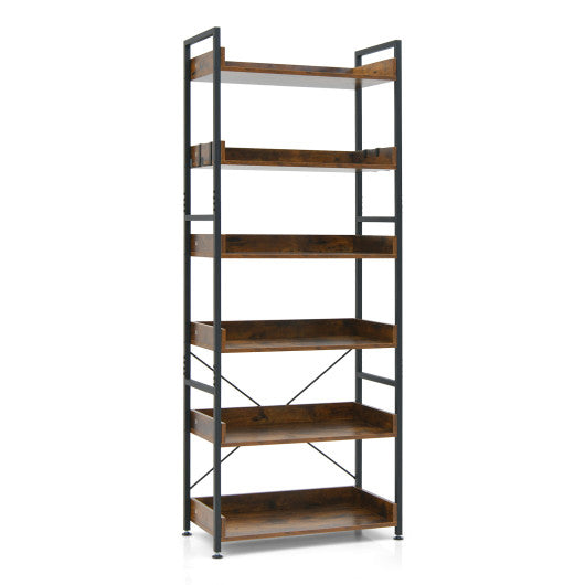 6-Tier Tall Industrial Bookcase with Open Shelves and 4 Hooks-Brown