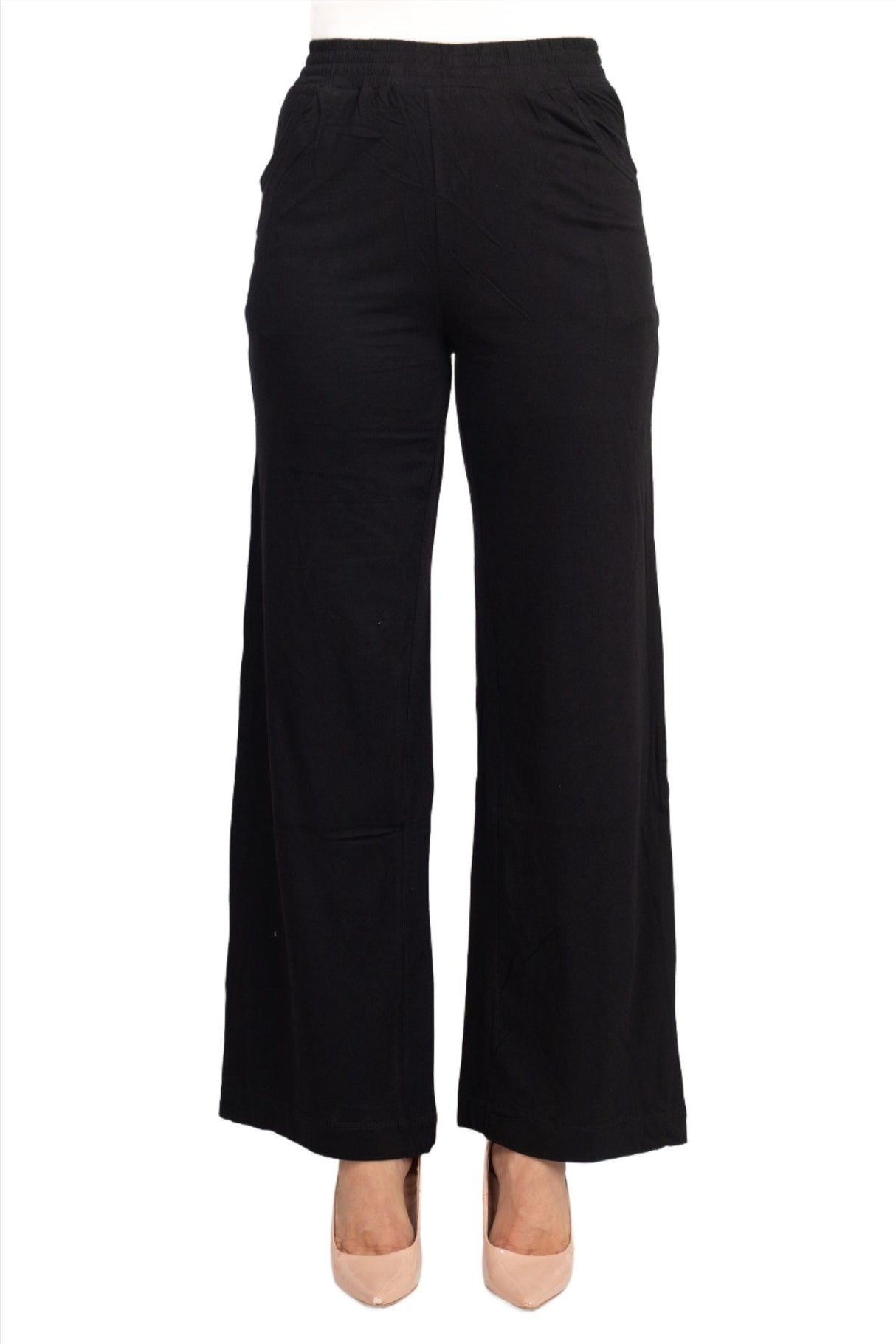 For the Republic Elastic Mid Waist Wide Leg Pockets Solid Pull-on Jersey Pant by Curated Brands