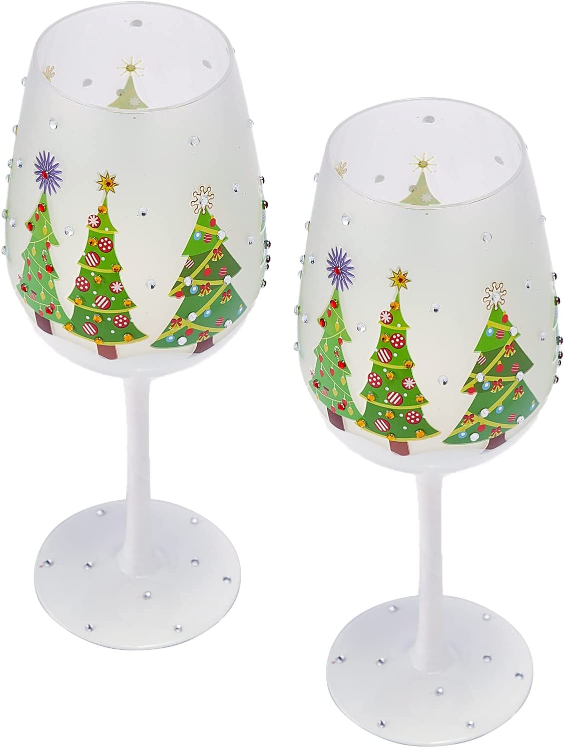 Set of 2 Stemmed Christmas Tree Design Wine Glasses - Hand Painted 14 oz Decorated Christmas Tree Glasses - Perfect for Wine, Champagne, Holiday Parties and Festivities - 8.75" High, 14 oz Capacity by The Wine Savant