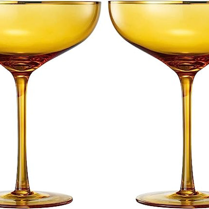 Colored Sunset Yellow & Gilded Rim Coupe Glass, 9oz Cocktail & Champagne Glasses 2-Set Vibrant Color Gold Vintage Tumblers, Margarita, Glassware Gift Idea Gifts for Mom, Him, Wife, Housewarming Coupes by The Wine Savant
