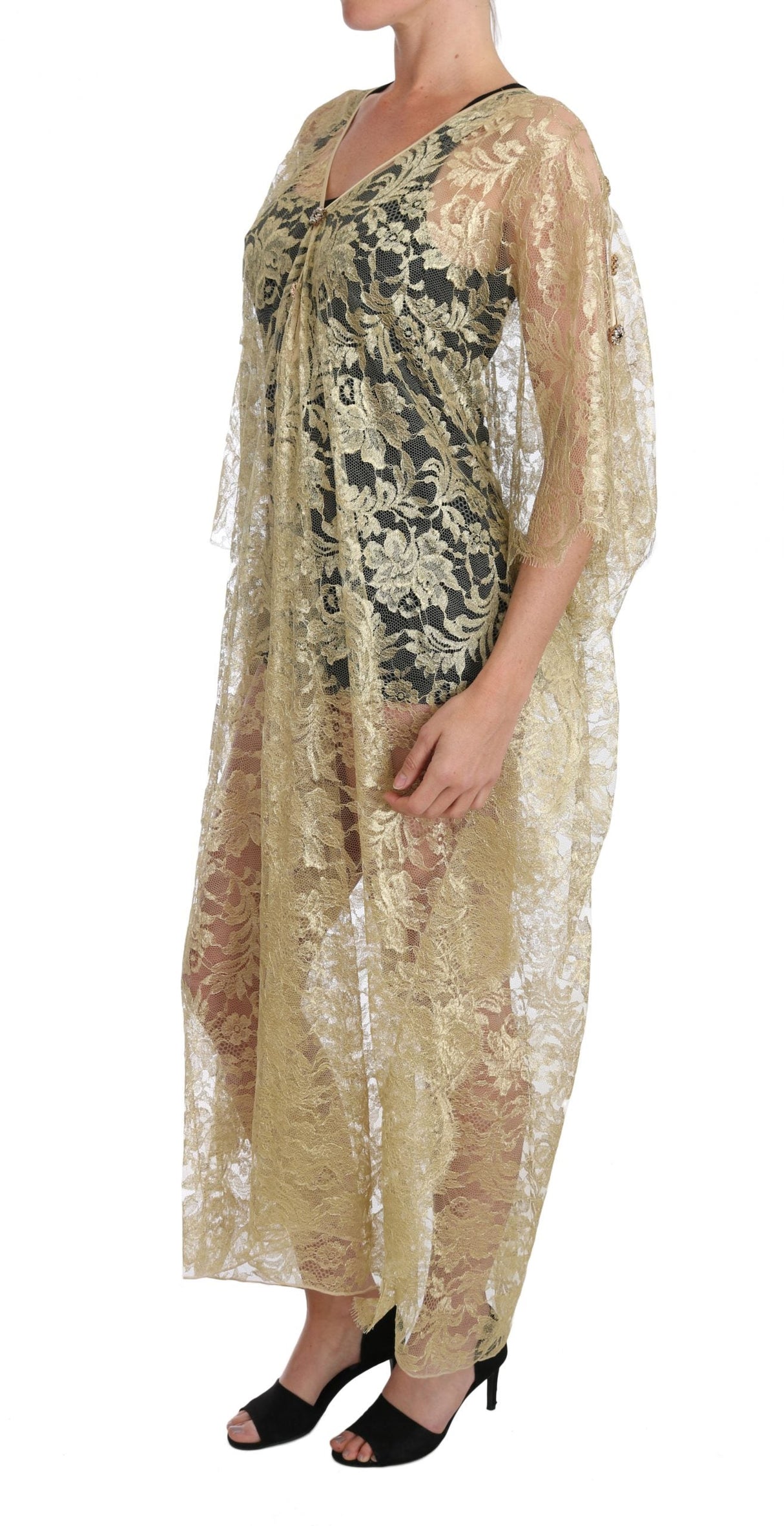 Gold Floral Lace Crystal Gown Cape Dress by Faz