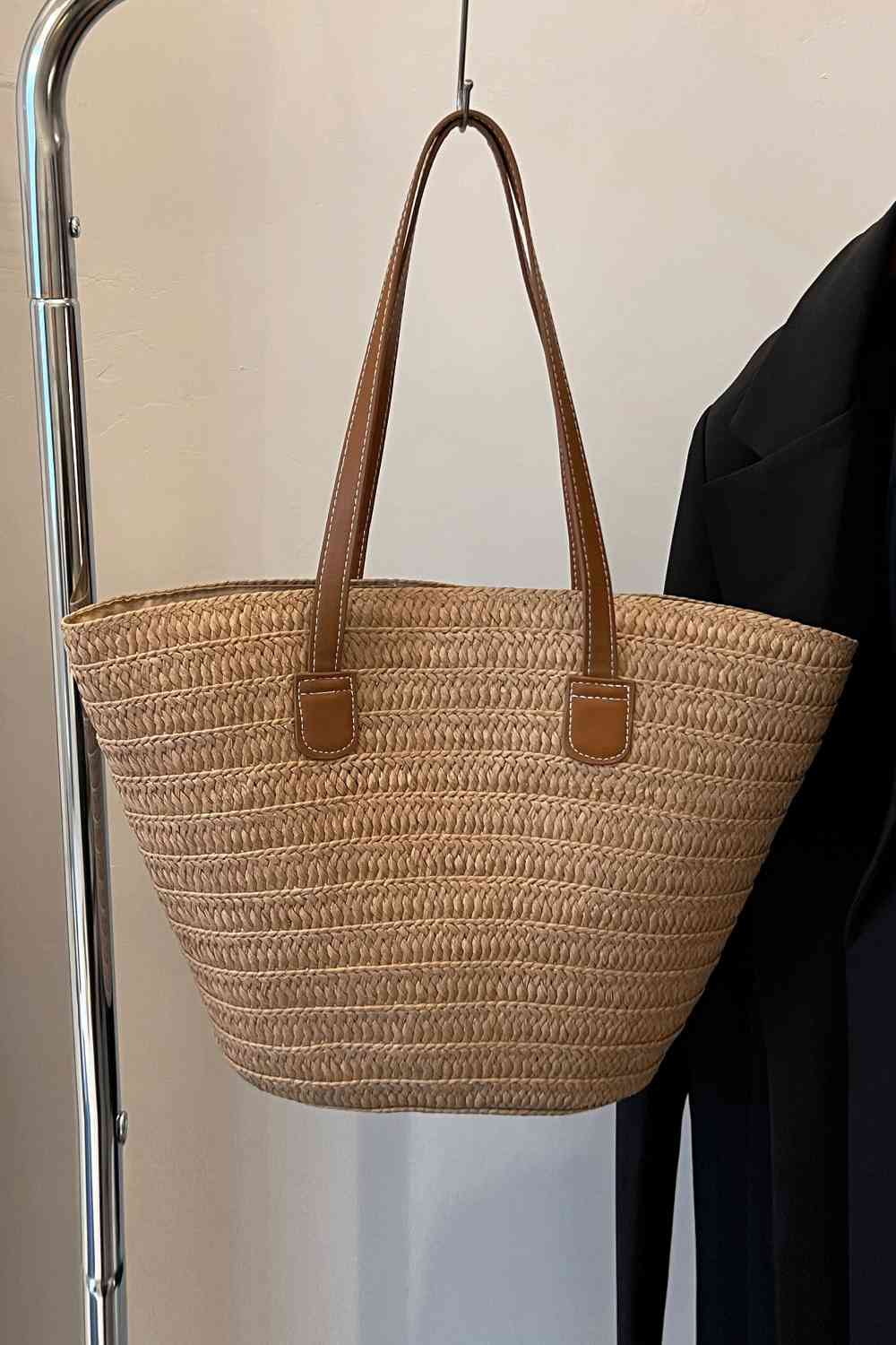 Leather Handle Straw Tote Bag by Coco Charli