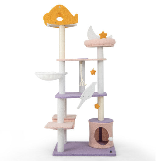 66 Inch Cute Cat Tree Cats Multi-level Tall Cat Tower with Sisal Covered Scratching Posts-Purple