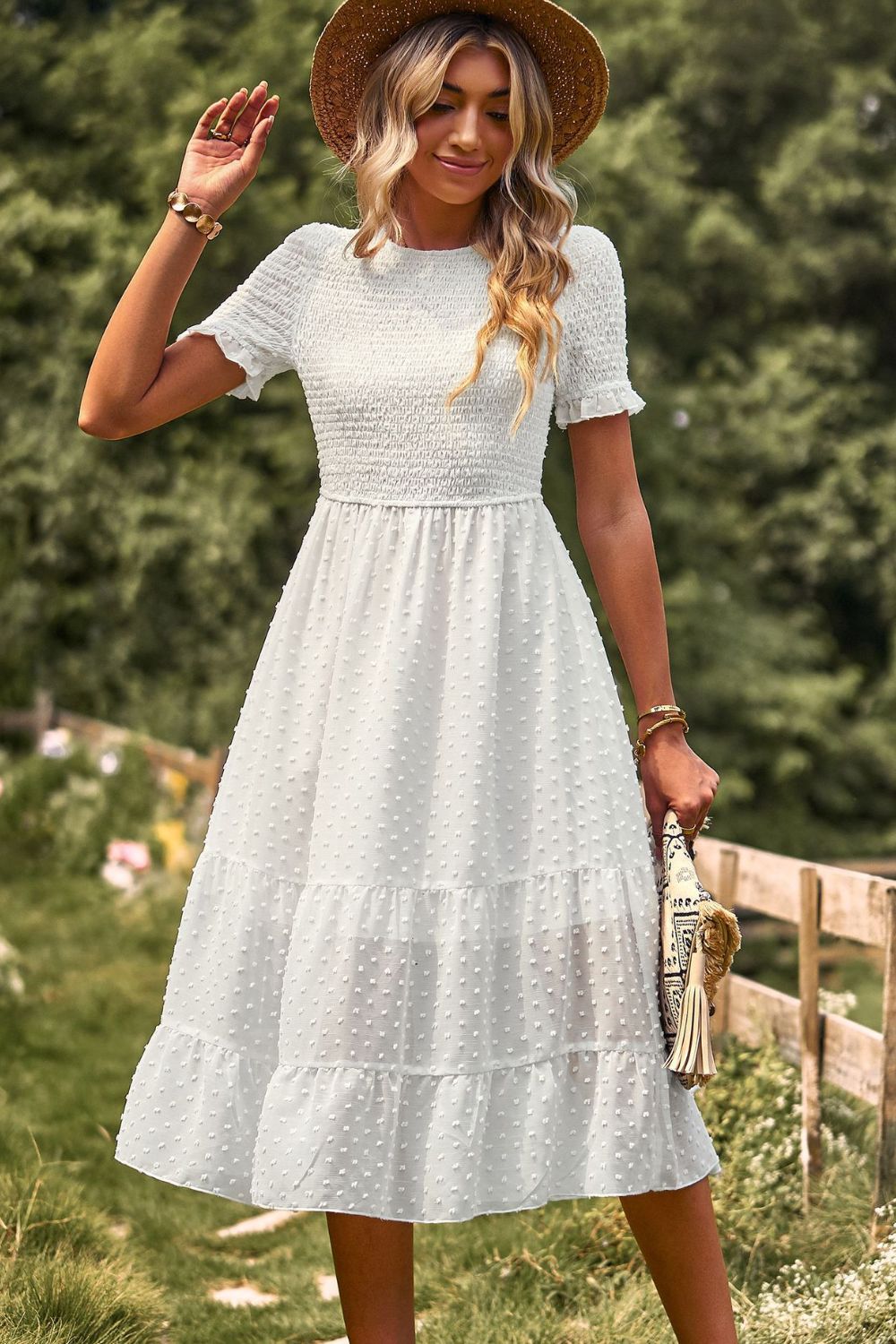 Swiss Dot Smocked Round Neck Short Sleeve Midi Dress by Faz