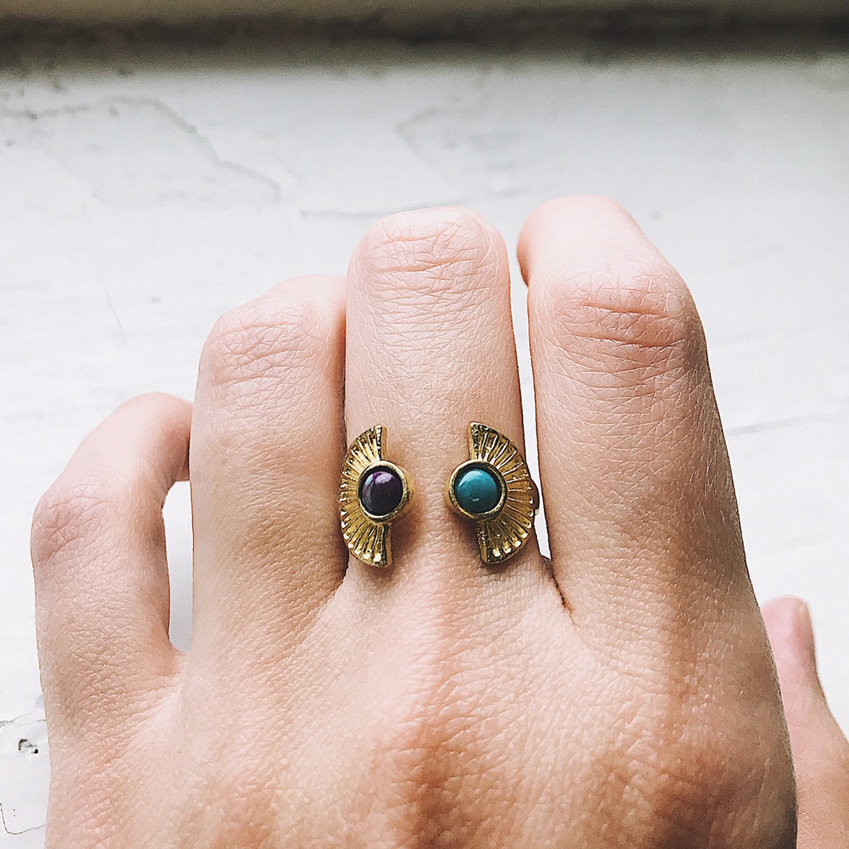 Dawn to Dusk - Two Stone Turquoise Boho Sunburst Ring by Yugen Handmade