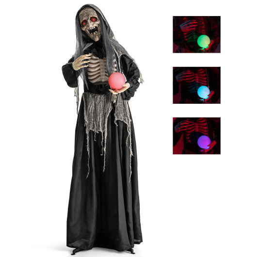 6ft Halloween Animatronics Standing Witch with Light Up Eyes and Magical Ball