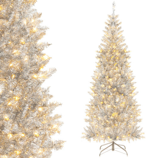 6/7 FT Pre-Lit Artificial Silver Tinsel Xmas Tree with 790 Branch Tips and 300 LED Lights-6 ft