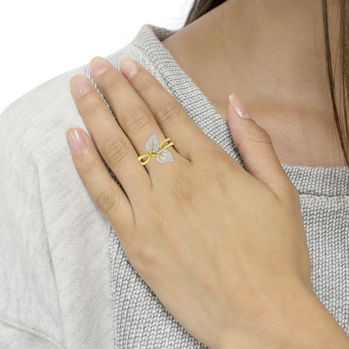 10K Yellow Gold 3/8 Cttw Round and Baguette-Cut Diamond Leaf Cocktail Ring (I-J Color, I1-I2 Clarity) by Haus of Brilliance