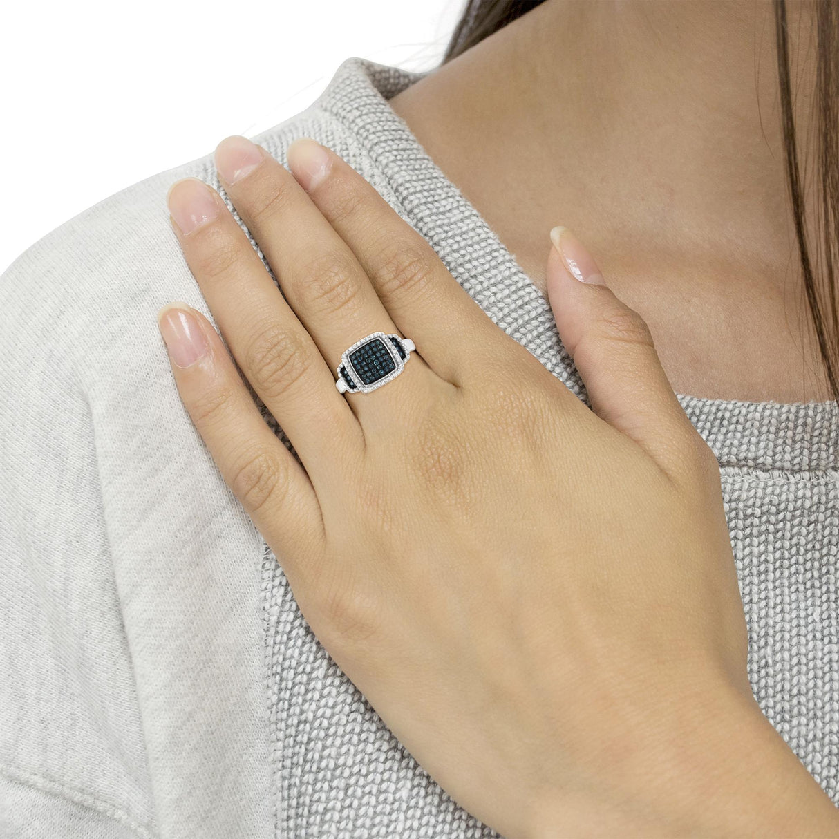 Black Rhodium Plated .925 Sterling Silver 1/2 Cttw White & Blue Diamond Square Halo Cocktail Ring (Fancy Blue & H-I Color, I2-I3 Clarity) by Haus of Brilliance