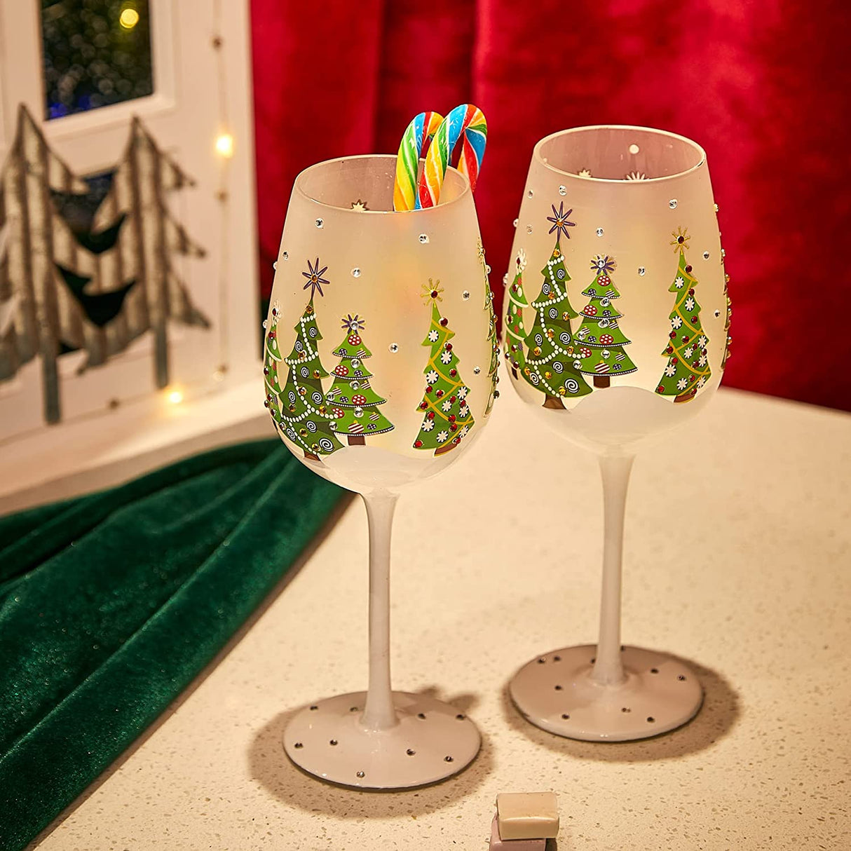 Set of 2 Stemmed Christmas Tree Design Wine Glasses - Hand Painted 14 oz Decorated Christmas Tree Glasses - Perfect for Wine, Champagne, Holiday Parties and Festivities - 8.75" High, 14 oz Capacity by The Wine Savant