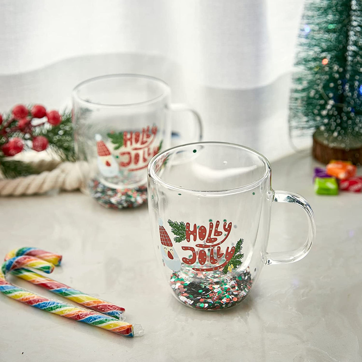 Set of 2 Holly Jolly Christmas Design Tumbler Mugs - Confetti Filled 9.5 oz Decorated Christmas Glass - Perfect for Wine, Eggnog, Cocoa, Holiday Parties & Festivities - 4.25" High, 9.5 oz Capacity by The Wine Savant