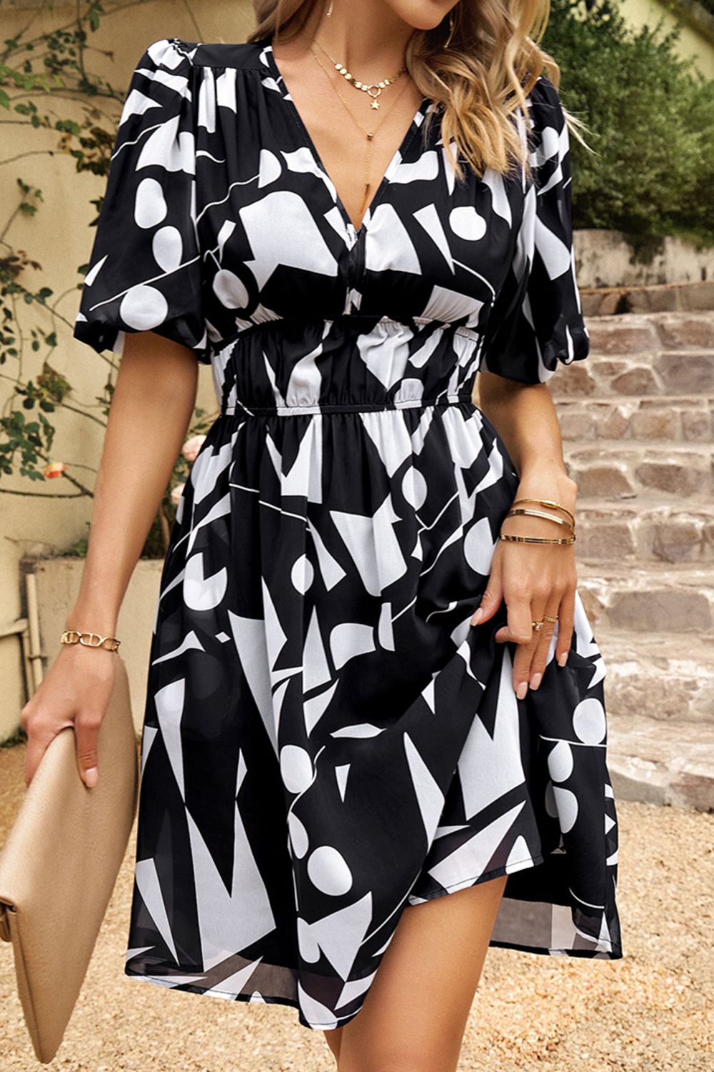 Printed Deep V Puff Sleeve Dress by Faz