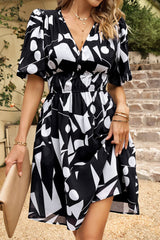 Printed Deep V Puff Sleeve Dress by Faz