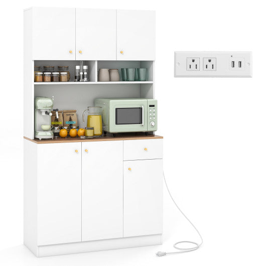 71 Inch Tall Pantry Cabinet with Outlets for Dining Room-White